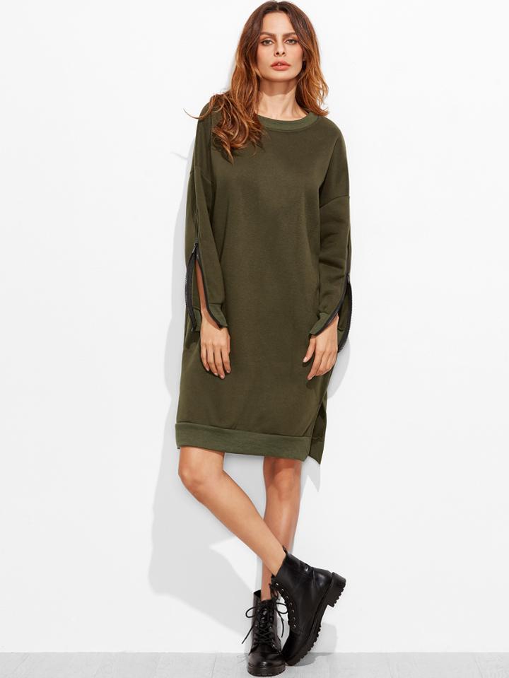 Romwe Dropped Shoulder Seam Sleeve Zip Detail Slit Sweatshirt Dress