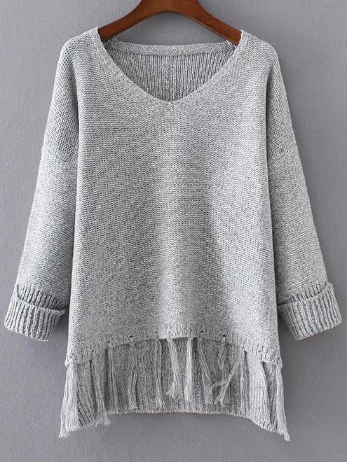 Romwe Grey V Neck Rolled Cuff Fringe Hem Sweater