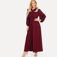 Romwe Embroidered Frilled Yoke Lantern Sleeve Dress