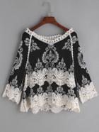Romwe Black Embroidered Crochet Lace Trim Blouse