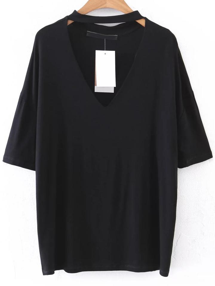 Romwe Black Choker V Neck Drop Shoulder T-shirt