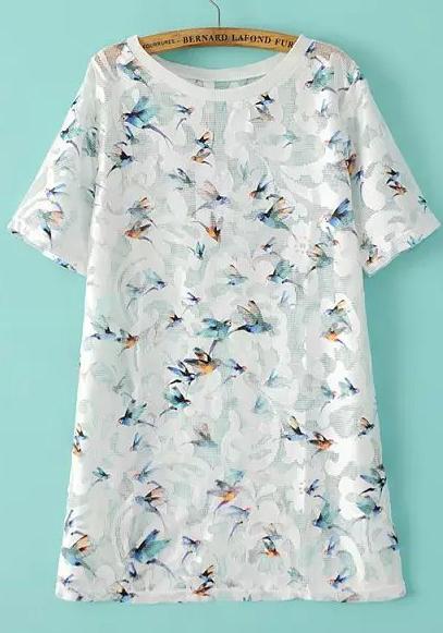 Romwe Bird Print Mesh Shift White Dress