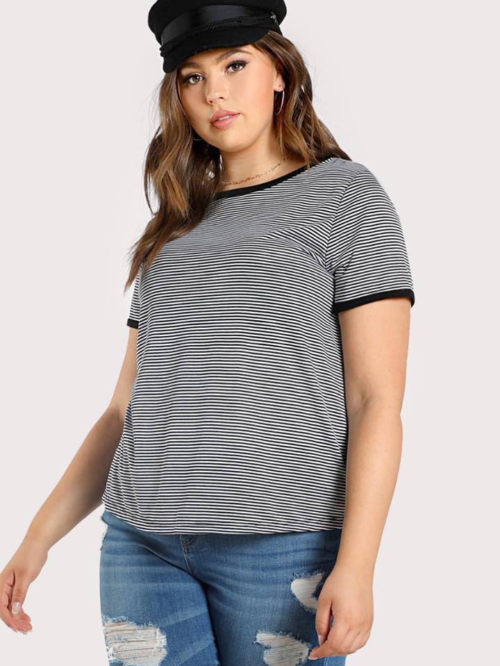 Romwe Binding Detail Striped Tee