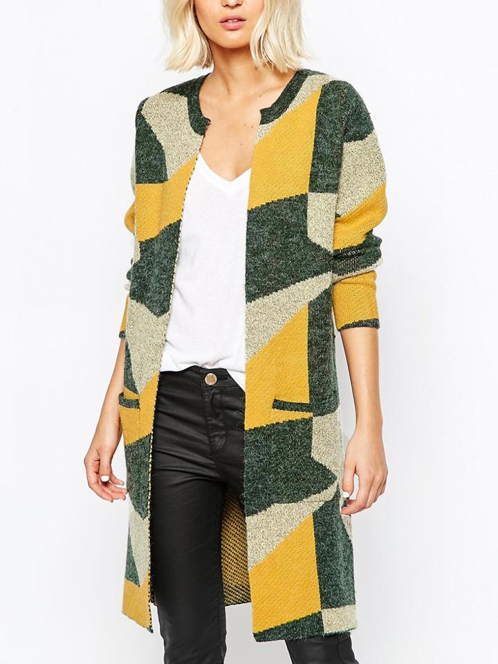 Romwe Color-block Geometric Pattern Pockets Coat