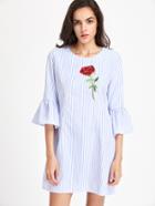 Romwe Fluted Sleeve Vertical Striped Rose Embroidered Dress