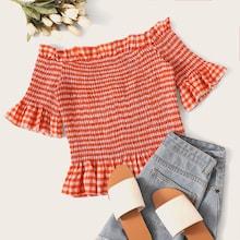 Romwe Off Shoulder Frilled Trim Shirred Gingham  Top