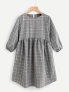 Romwe Lantern Sleeve Button Keyhole Back Smock Gingham Dress