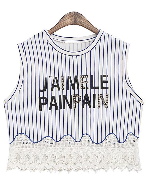 Romwe Vertical Stripe Bead Lace Hem Blue T-shirt