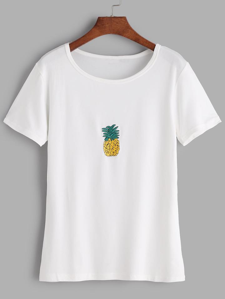Romwe White Pineapple Embroidered T-shirt