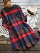 Romwe Rolled Sleeve Checked Dress With Chest Pocket