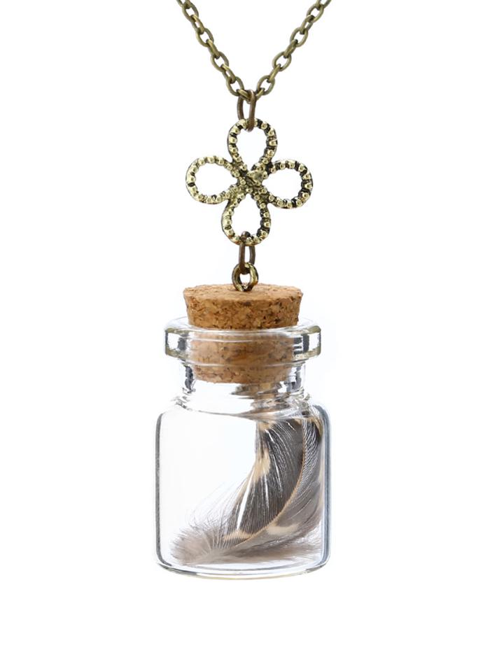Romwe Glass Bottle With Feather Pendant Necklace