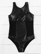 Romwe Side Mesh Detail Faux Leather Swimsuit