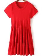 Romwe Short Sleeve Pleated Red Dress