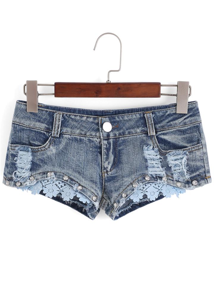 Romwe Contrast Lace Crop Denim Shorts