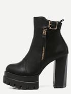 Romwe Black Faux Leather Buckle Strap High Heel Platform Boots