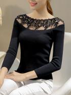 Romwe Black Lace Embellished Ribbed Jumper