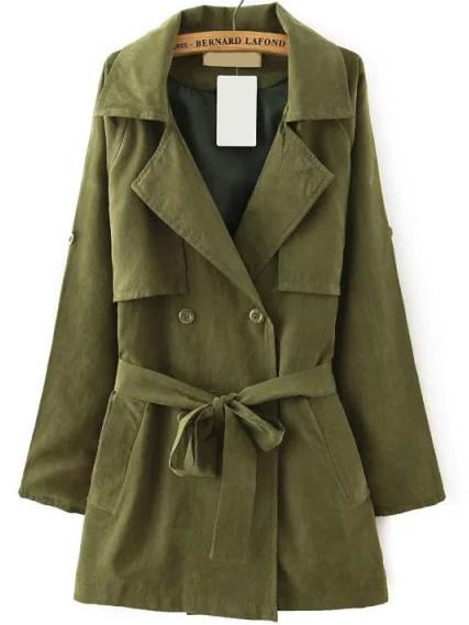 Romwe Lapel Double Breasted Belt Army Green Coat