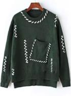 Romwe Dip Hem Pockets Green Sweater