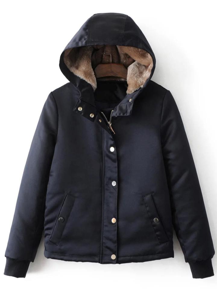 Romwe Navy Hidden Zip Hooded Padded Jacket