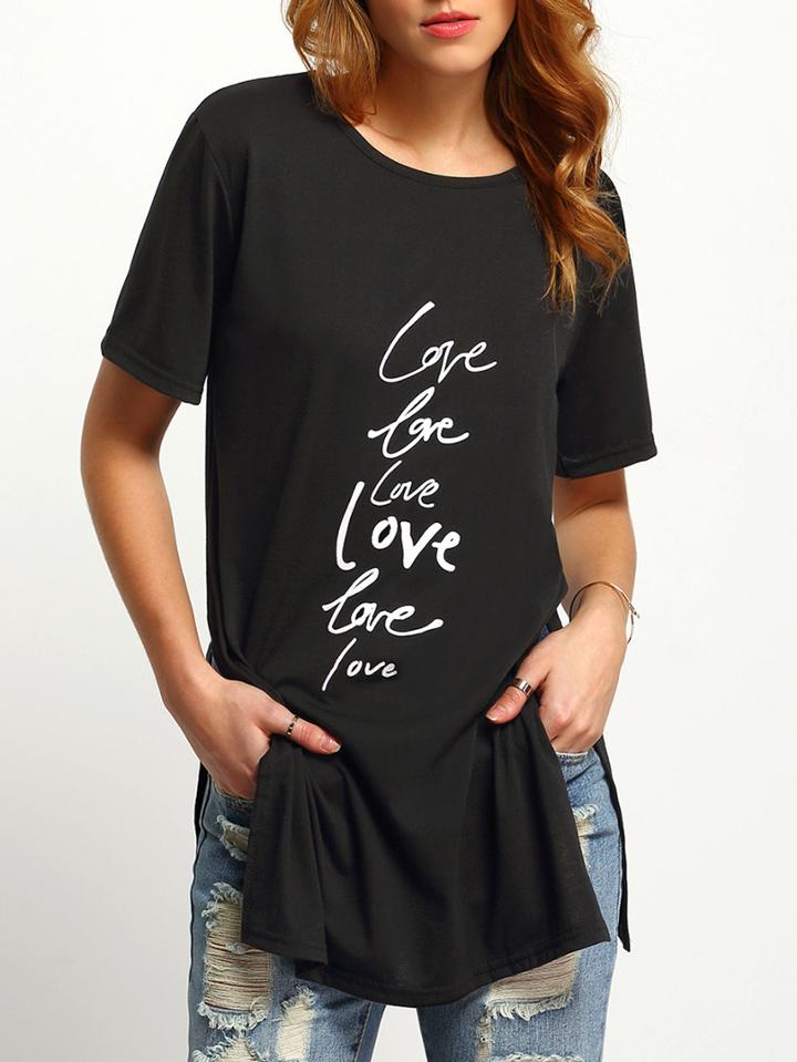 Romwe Black Letter Print Split T-shirt