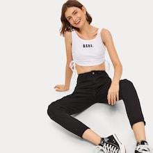 Romwe Letter Print Drawstring Hem Top