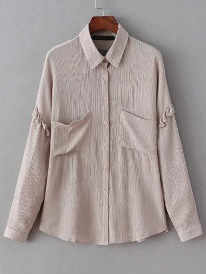 Romwe Fringe Khaki Blouse With Pockets