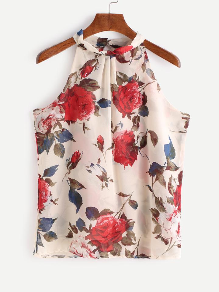 Romwe Apricot Floral Print Sleeveless Chiffon Top