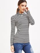 Romwe Black And White Striped High Neck T-shirt