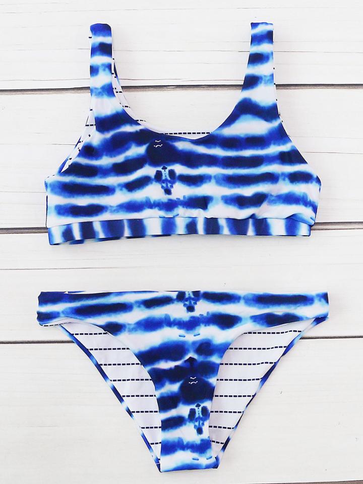 Romwe Tie Dye Scoop Neck Tankini Set