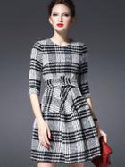 Romwe Grey Round Neck Long Sleeve Drawstring Print Dress