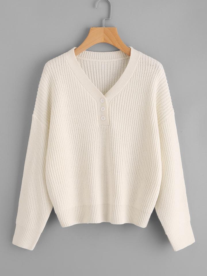 Romwe Buttoned Neck Drop Should Jumper