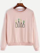 Romwe Pink Dropped Shoulder Seam Bottle Embroidery Sweatshirt