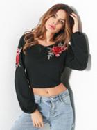 Romwe Open Back Embroidered Applique Crop Pullover