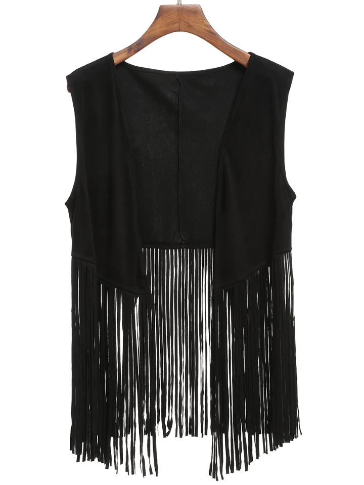 Romwe Black Fringe Suede Vest Coat