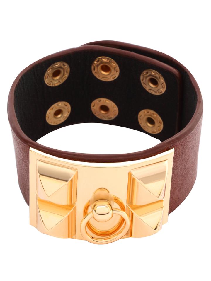Romwe Coffee Wide Big Buckle Rivet Leather Bangle