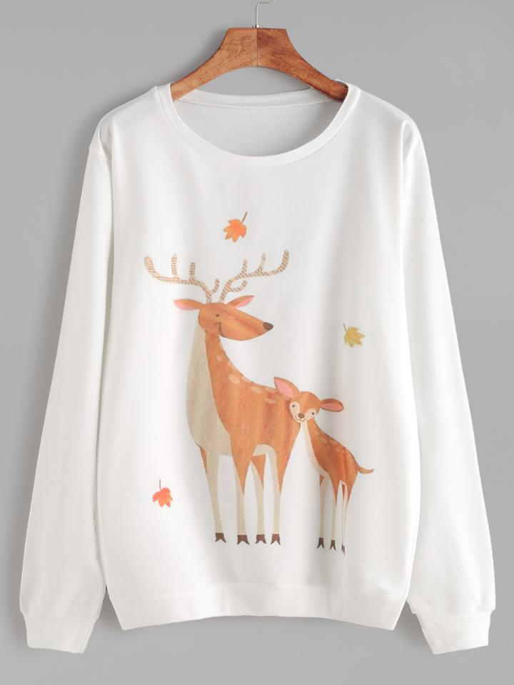Romwe Beige Long Sleeve Cartoon Print Sweatshirt