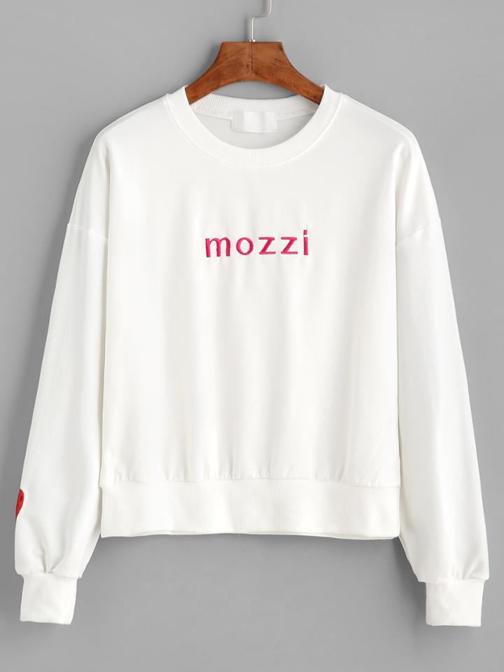 Romwe White Drop Shoulder Strawberry Embroidered Sweatshirt