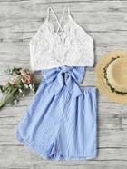 Romwe Lace Panel Criss Cross Bow Tie Back Cami Top With Stripe Shorts