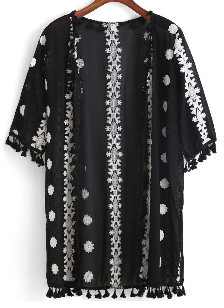 Romwe With Tassel Embroidered Chiffon Top