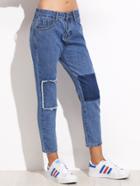 Romwe Blue Patchwork Ankle Jeans