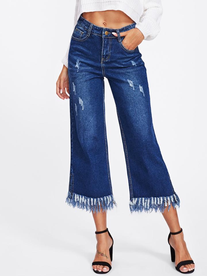 Romwe Raw Hem Ripped Wide Leg Jeans