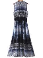 Romwe Blue Buttons Front Elastic Waist Vintage Printed Maxi Dress