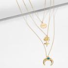 Romwe Flower & Round Pendant Layered Chain Necklace
