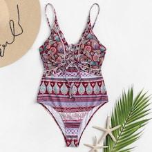 Romwe Low Back Lace-up Random Pattern Swimsuit