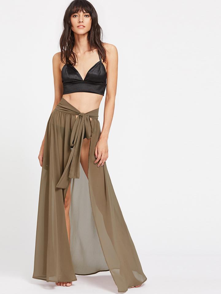 Romwe High Slit Cover Up Self Tie Skirt