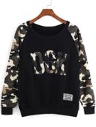 Romwe Camouflage Letter Embroidered Black Sweatshirt