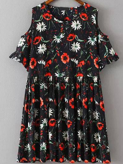 Romwe Open Shoulder Flower Print Black Dress