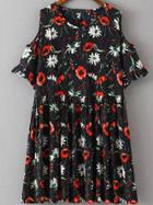 Romwe Open Shoulder Flower Print Black Dress