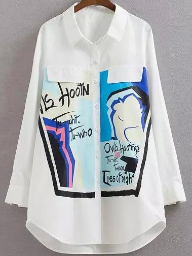 Romwe Lapel Dip Hem Graffiti Print Blouse