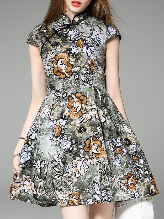 Romwe Multicolor Collar Pockets Print A-line Dress